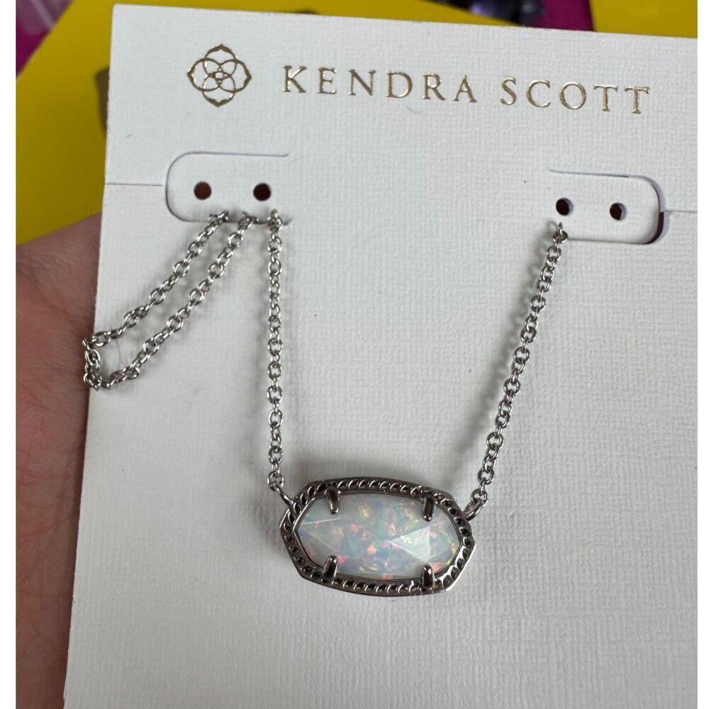 NWT Kendra Scott Elisa White Kyocera Lab Grown Opal Silver Pendant Necklace - Picture 13 of 15
